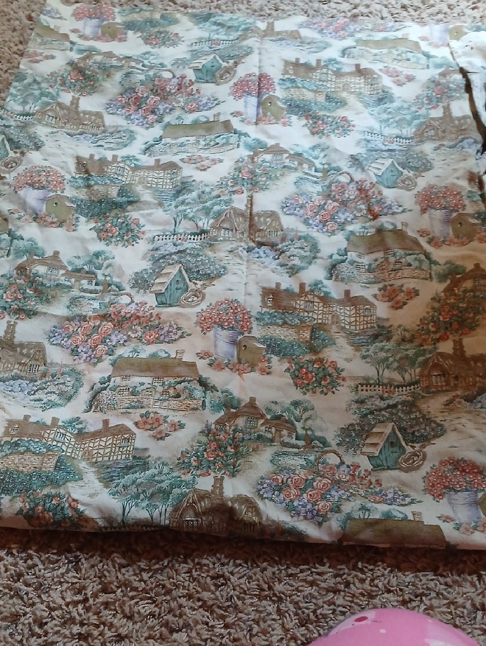 Cottage Toile Print Fabric Panel in Cream, Green & Pink